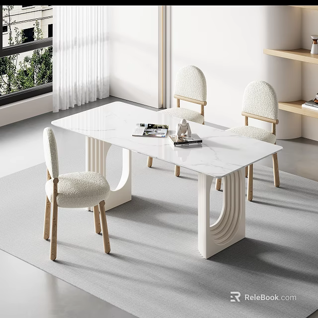 Modern Dining Table Set With Marble Top And Upholstered Wooden Leg Chairs In Bright Room 3d model 