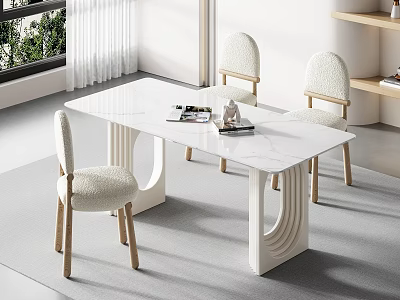 Modern Dining Table Set With Marble Top And Upholstered Wooden Leg Chairs In Bright Room 3d model