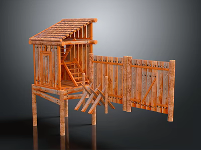 Wooden House Featuring Sloped Roof Wooden Fence Support Posts And Open Structure 3d model