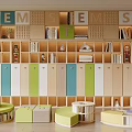 Colorful Kids Bookcase with SEM Letters Storage Cabinets and Round Seating