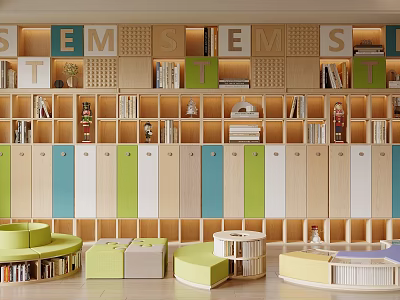Colorful Kids Bookcase with SEM Letters Storage Cabinets and Round Seating 3d model
