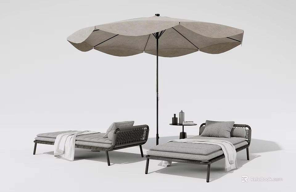 Modern Woven Rattan Outdoor Lounge Chairs With Umbrella Side Table Pillows And Blankets 3d model 