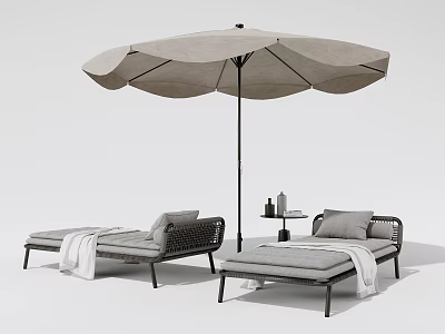 Modern Woven Rattan Outdoor Lounge Chairs With Umbrella Side Table Pillows And Blankets 3d model