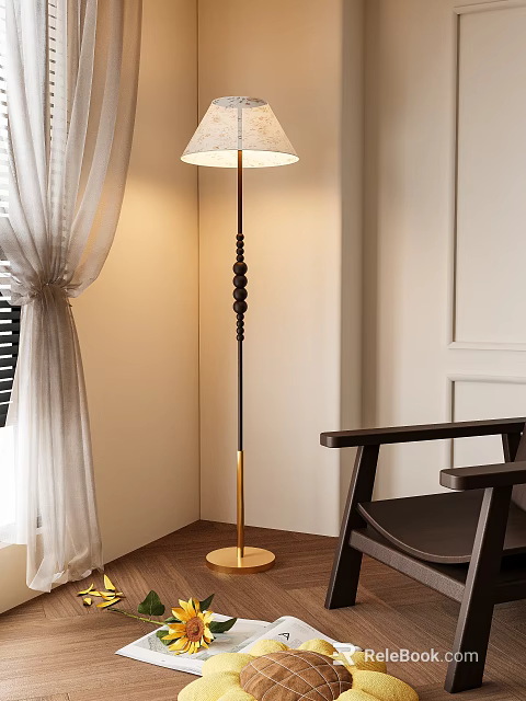 Modern Floor Lamp with Beaded Black Gold Stand in Room With Curtains And Wooden Chair 3d model 