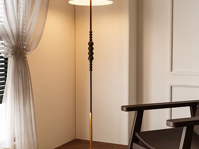 Modern Floor Lamp with Beaded Black Gold Stand in Room With Curtains And Wooden Chair 3d model