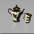 Elegant White Teapot With Gold Accents And Black Floral Pattern Cups