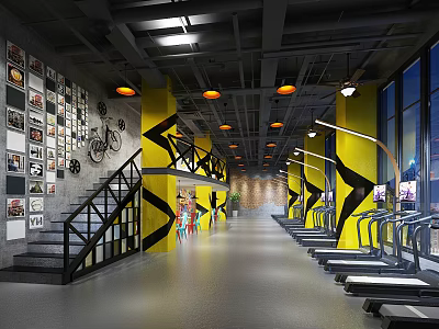Modern Fitness Gym Interior With Treadmills Yellow Black Pillars Wall Decorations And Staircase 3d model