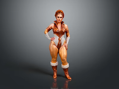 Woman In Brown And White Stylish Costume With Fur Trimmed Boots And Curly Red Hair 3d model