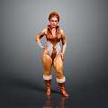 Woman In Brown And White Stylish Costume With Fur Trimmed Boots And Curly Red Hair