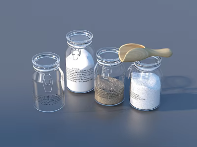 Transparent Glass Spice Jars with Various Spices and Wooden Spoon on Gray Background 3d model