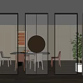 Modern Metal Frame Vertical Ribs Room Divider In Dining Interior With Chairs And Plant