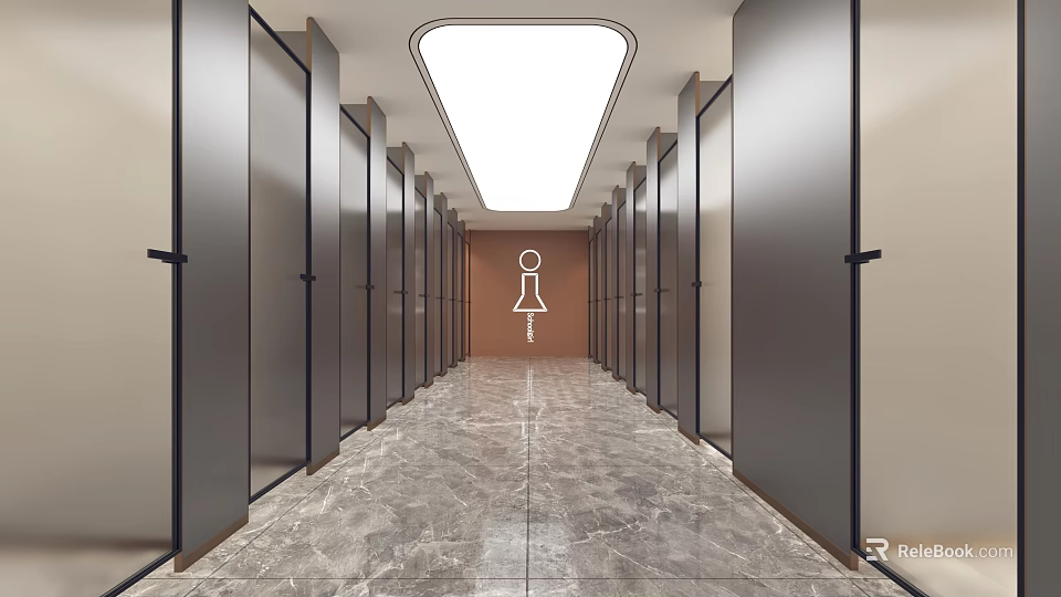 Modern Public Restroom Interior With Multiple Stalls Marble Flooring Long Corridor And Lighting 3d model 