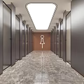 Modern Public Restroom Interior With Multiple Stalls Marble Flooring Long Corridor And Lighting