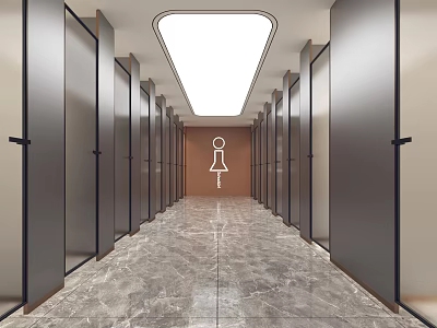 Modern Public Restroom Interior With Multiple Stalls Marble Flooring Long Corridor And Lighting 3d model