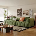 Green Velvet Sectional Sofa With Pillows In Living Room With Coffee Table And Decorative Painting
