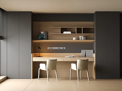 Modern Home Office Desk Interior With Wooden Shelves Books And Chairs 3d model
