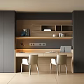 Modern Home Office Desk Interior With Wooden Shelves Books And Chairs