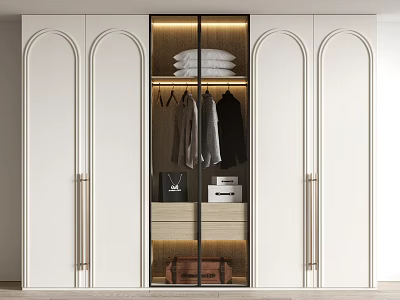 Modern White Arched Wardrobe With Glass Door Hanging Clothes And Storage Boxes Design 3d model