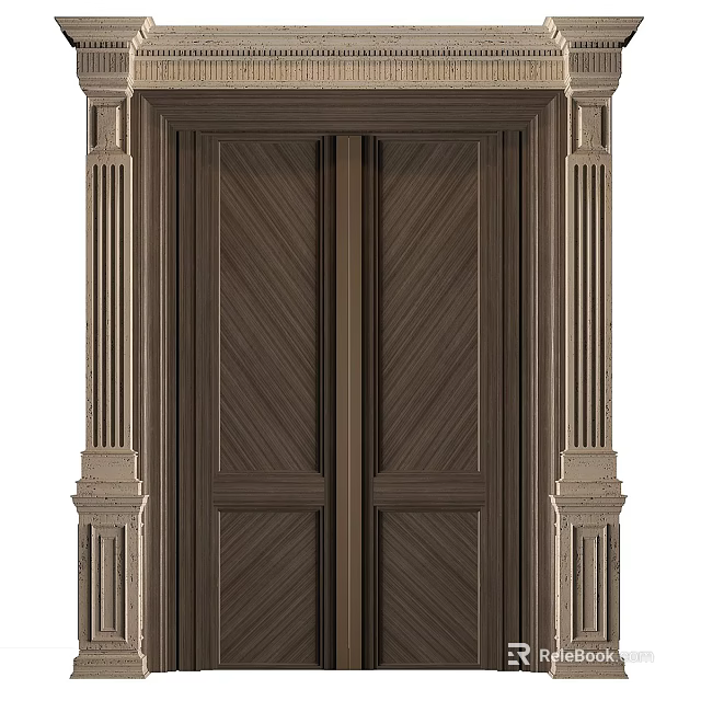 Elegant Classical Double Wooden Doors With Symmetrical Panel Design And Decorative Columns 3d model 