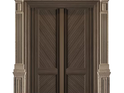 Elegant Classical Double Wooden Doors With Symmetrical Panel Design And Decorative Columns 3d model