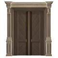 Elegant Classical Double Wooden Doors With Symmetrical Panel Design And Decorative Columns