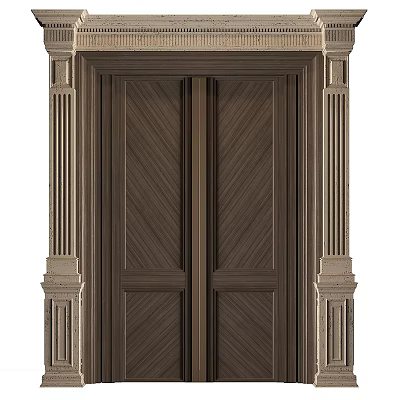 Elegant Classical Double Wooden Doors With Symmetrical Panel Design And Decorative Columns 3d model