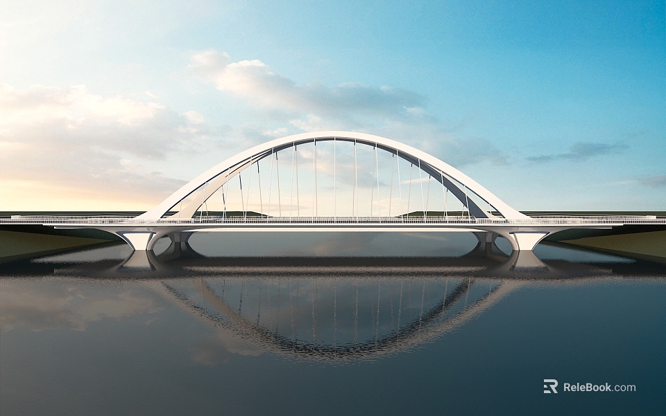 Modern Arch Bridge Over Calm Water With Reflection And Blue Sky Background 3d model 