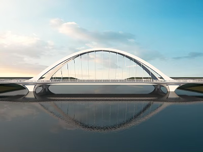 Modern Arch Bridge Over Calm Water With Reflection And Blue Sky Background 3d model