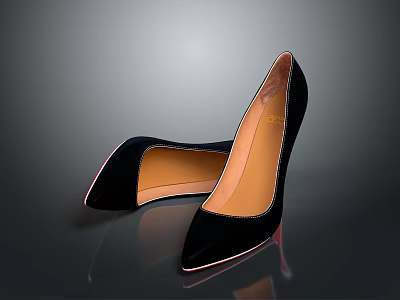 Elegant Black High Heels Featuring Red Heel Smooth Patent Leather Orange Lining 3d model