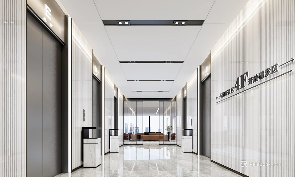 Modern Elevator Hallway Design With Sleek Doors Ceiling Lighting 4F Sign And Polished Floor 3d model 