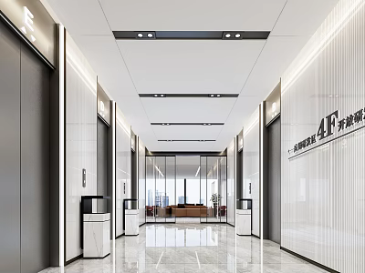 Modern Elevator Hallway Design With Sleek Doors Ceiling Lighting 4F Sign And Polished Floor 3d model