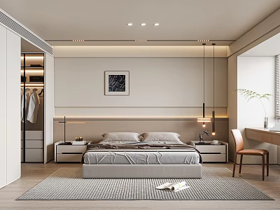 Modern Bedroom Interior Design With Platform Bed Pendant Lights Bedside Tables And Area Rug 3d model