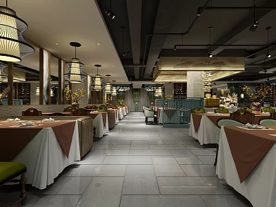 Chinese Style Restaurant Interior With Dining Tables Brown Tablecloths And Pendant Lights 3d model