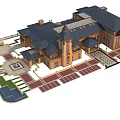Elegant Multi Story Commercial Complex With Clock Tower Courtyard Dark Roof And Landscaped Areas
