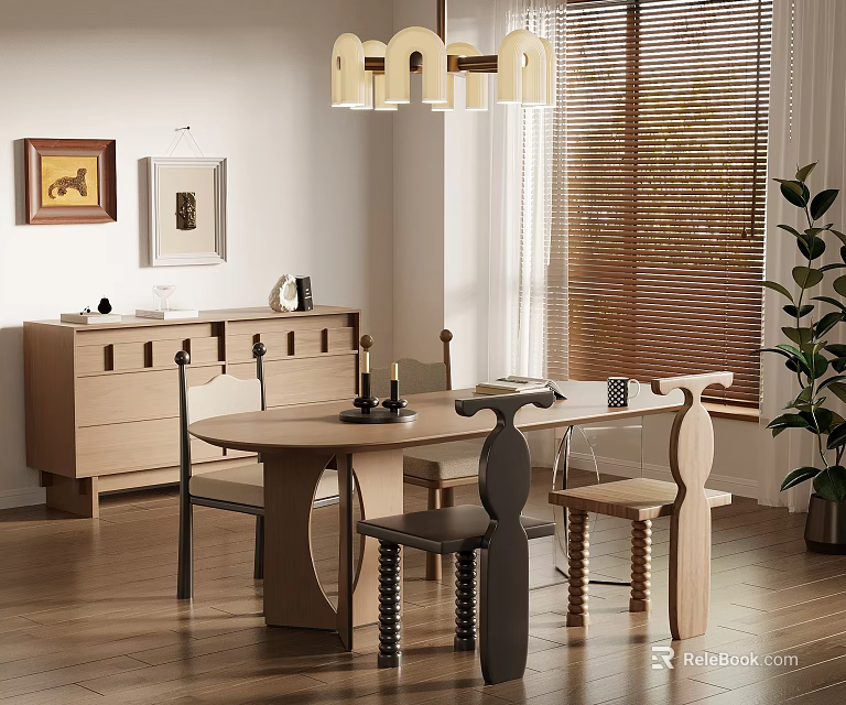 Modern Dining Room Interior With Round Table Wood Chairs Sideboard Decorations Pendant Light Green Plant 3d model 
