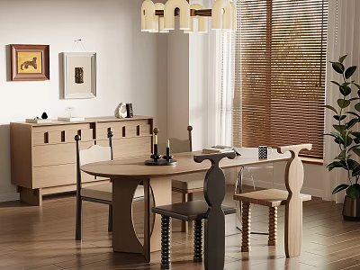 Modern Dining Room Interior With Round Table Wood Chairs Sideboard Decorations Pendant Light Green Plant 3d model