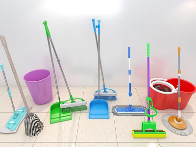Essential Household Cleaning Tools Collection Featuring Mops Brooms Dustpans and Buckets 3d model