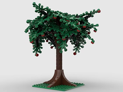 Creative Building Blocks Tree with Green Leaves Red Fruits and Brown Trunk Base 3d model