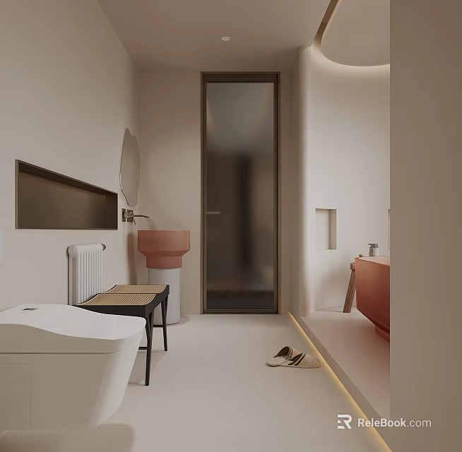 Modern Minimalist Bathroom Interior With White Tone Freestanding Bathtub Round Washbasin And Glass Door 3d model 