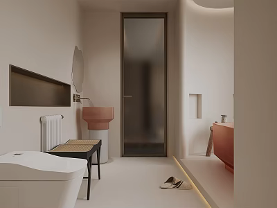 Modern Minimalist Bathroom Interior With White Tone Freestanding Bathtub Round Washbasin And Glass Door 3d model