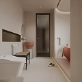 Modern Minimalist Bathroom Interior With White Tone Freestanding Bathtub Round Washbasin And Glass Door
