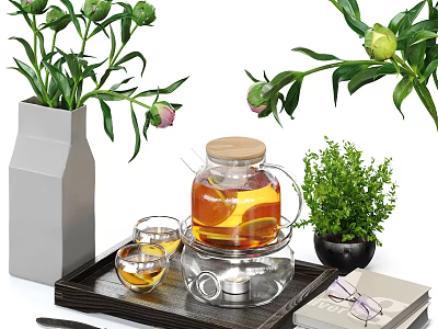 Elegant Glass Tea Set with Teapot and Cups Wooden Lid on Tray Near Green Plants 3d model