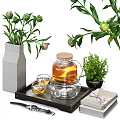 Elegant Glass Tea Set with Teapot and Cups Wooden Lid on Tray Near Green Plants
