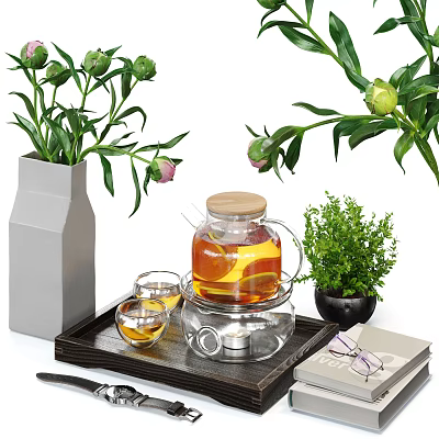 Elegant Glass Tea Set with Teapot and Cups Wooden Lid on Tray Near Green Plants 3d model