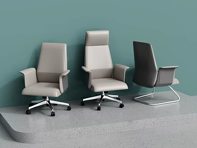 Stylish Office Chairs In Three Designs And Colors Against Green Wall 3d model