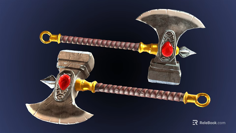 Fantasy Metal Axes With Brown Braided Handles Golden Accents And Red Gemstones 3d model 