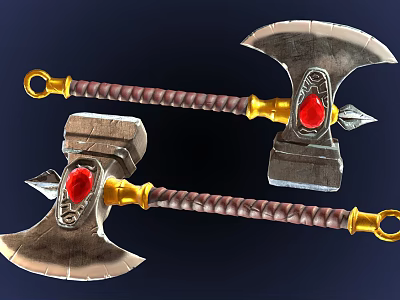 Fantasy Metal Axes With Brown Braided Handles Golden Accents And Red Gemstones 3d model