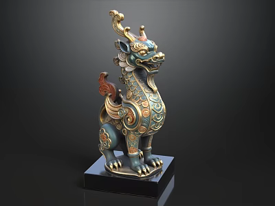 Traditional Chinese Mythical Creature Decorative Ornament Set With Colorful Enamel Gold Accents And Black Base 3d model