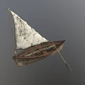 Weathered Wooden Sailboat With White Sail And Paddle Isolated On Gray Background