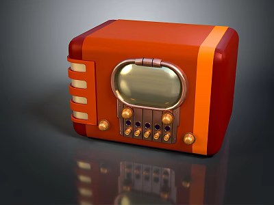 Classic Vintage Radio With Orange Red Casing Golden Knobs And Display Screen 3d model
